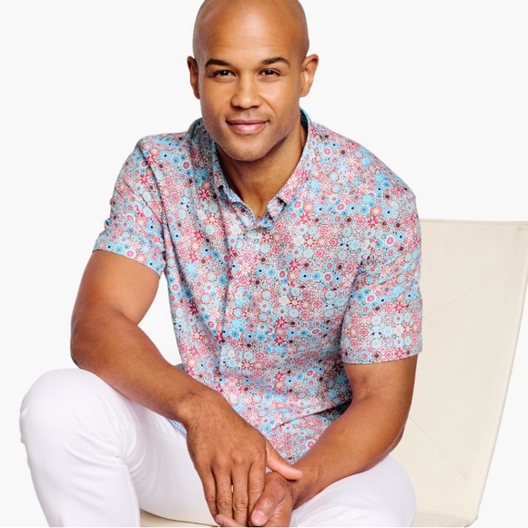 NWOT JOHNSTON & MURPHY Mosaic Textured Cotton Short-Sleeve Shirt Size XXL